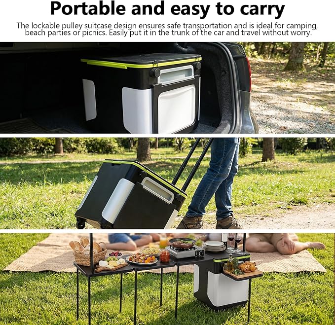 Multifunctional Outdoor Kitchen Station with Wheels Folding Overland Camping Kitchen Table with Light Poles for Picnic Party Beach BBQ Cooking Indoor