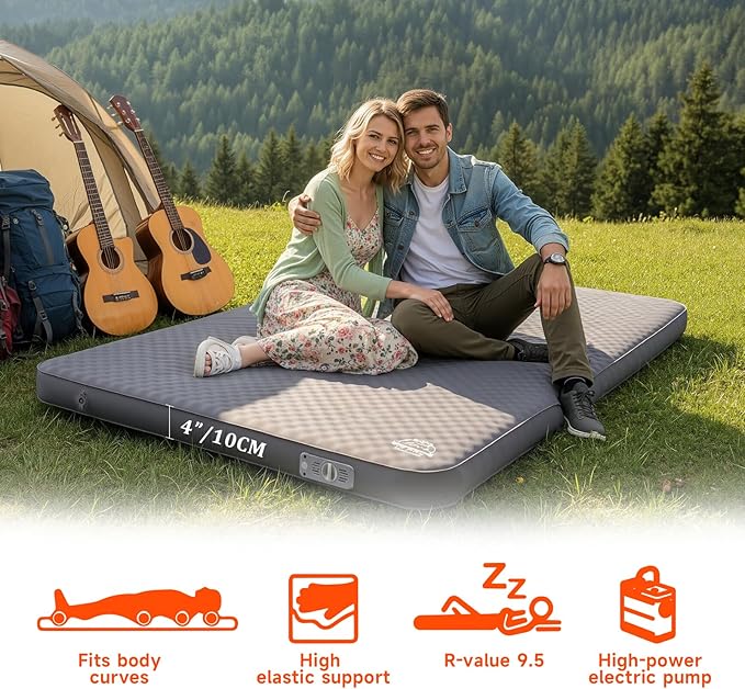 Self Inflating Sleeping PadDouble Camping Mattress w/Detachable Electric Pump4 - Inch Thick Memory Foam for Ultimate Comfort Suitable for FamilyOutdoorRoad Trip4 - Season UseGray