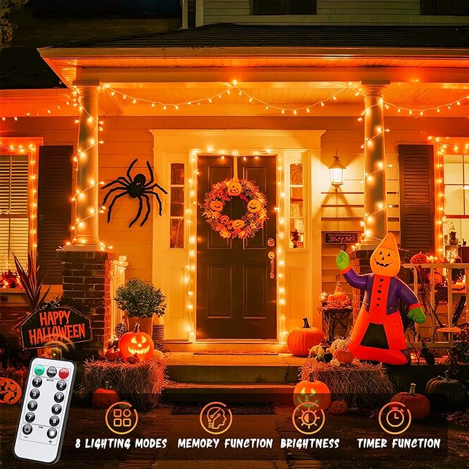 JMEXSUSS 33ft 100 LED Orange Christmas Lights Battery Operated Christmas Lights Orange String Lights with Remote Indoor Outdoor Waterproof for Fall Xmas Decorations (Pack of 2)