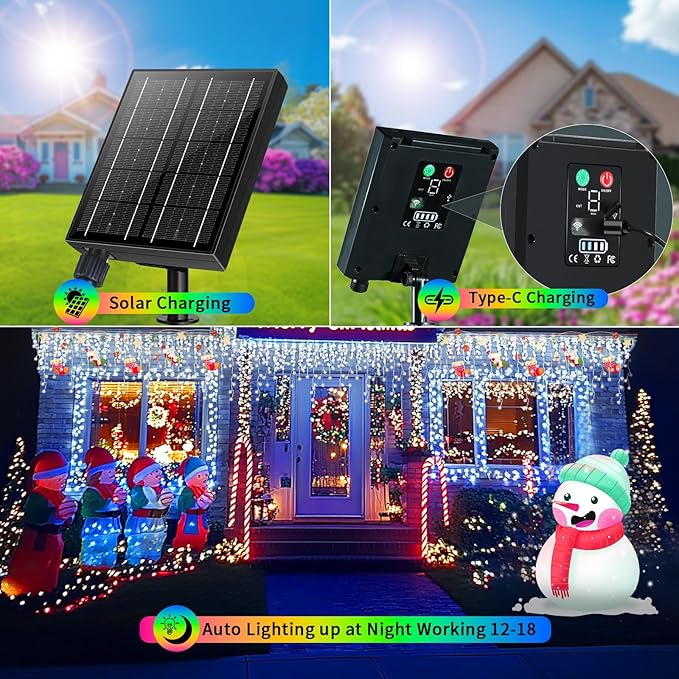Solar Christmas Lights Outdoor 66+16Ft 660LED Multicolor &amp Cool White Dual Color Changing Icicle Lights 2400mAH Connectable Rechargeable Dimmable Remote 8 Modes for Xmas House Roof Holiday Party