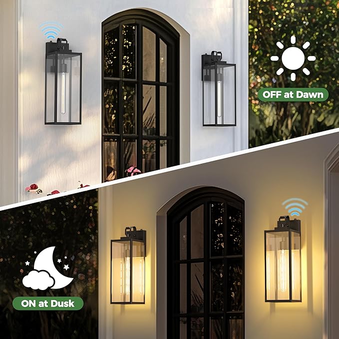DORESshop 18 Inch Large Size Dusk to Dawn Outdoor Wall Lights Matte Black Waterproof Anti-Rust Outdoor Light Fixtures Wall Mount with Clear Glass Shade for Porch Garage Doorway 2 Pack