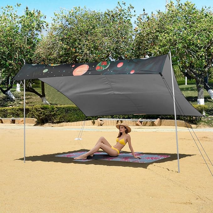 ALAZA Cat Kitten Starry Sky Beach Tent Sun Shelter UPF50+ Protection Beach Shade Canopy w/ 4 Sandbags for Outdoor Camping Fishing Backyard Fun Picnic 10x9 ft