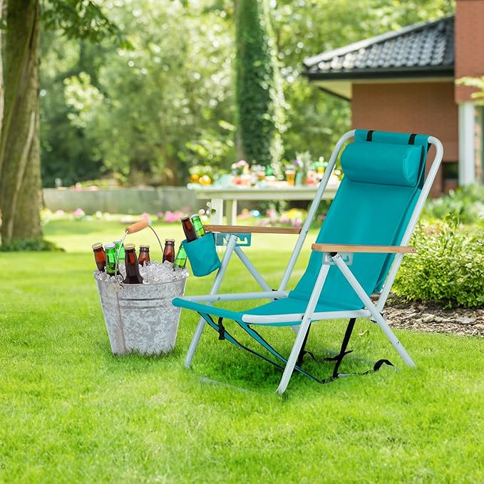 1 Pcs Folding Backpack Beach Chair 4 Position Portable Camping Chair with Headrest Cup Holder and Wooden Armrests (Green)