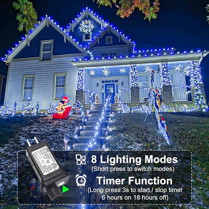 Blue and White Christmas Lights Outdoor 100FT 300 LED Christmas Tree Lights with 8 Modes Waterproof Connectable Green Wire String Twinkle Lights for Indoor Patio Garden Xmas Party Decorations