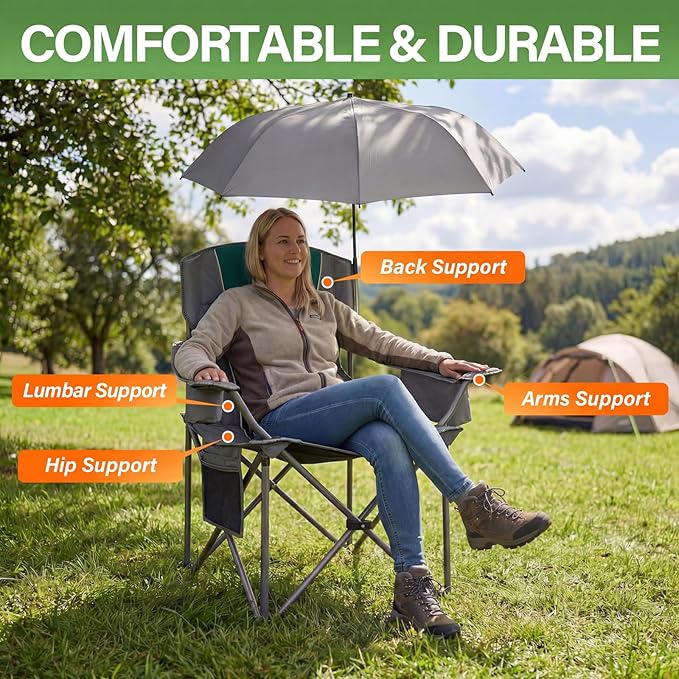 CAMPHILL 2 Pack Oversized Camping Chairs with Adjustable Umbrella-Folding Padded Lawn Chair with Backrest &amp Comfy Armrest-Heavy Duty for Beach Patio PicnicDark Green