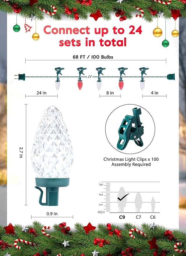 C9 LED Christmas Lights Outdoor 68 Ft 100 LED Strawberry String Lights With 100 Spring Clamps Waterproof Commercial Grade Extendable for Outside Roofline Patio Home Xmas Decoration Red &amp Warm W