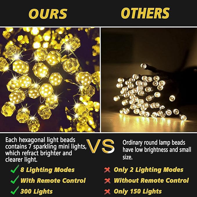 Solar Christmas Lights Outdoor115 Ft 300 LED 8 Modes Waterproof Patio Lights for Christmas Tree Patio Yard Garden Party Decor (Warm White)