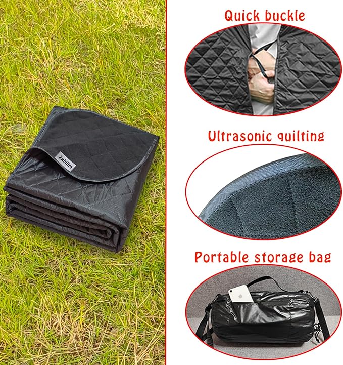 Large Outdoor Waterproof Blanket-Quilted Extra Thick Fleece Windproof Warm Includes Stuff Sack Shoulder Strap Machine Washable55x78-Black