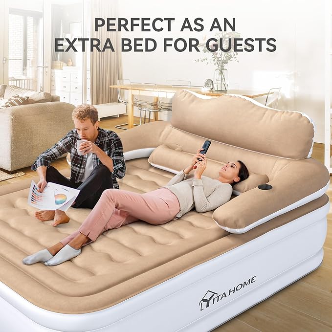 YITAHOME FullXL Size Air Mattress with Headboard 18in Inflatable with Pillow Blow Up Mattress with Removable Electric Pump Comfort Air Bed Queen for Camping &amp Home Brown