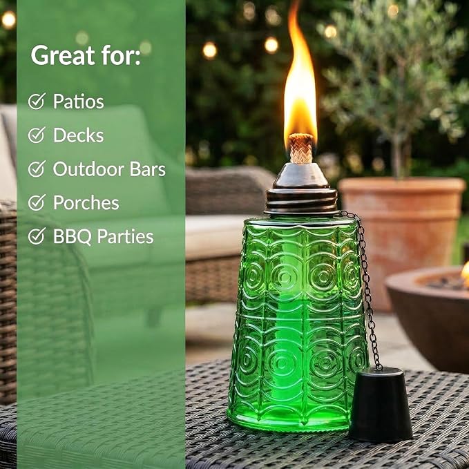 Seraphic Citronella Table Top Torches for Outdoor Patio 16oz Decorative Glass Torch Citronella Candles for Outside Deck Garden Parties Set of 3 Green