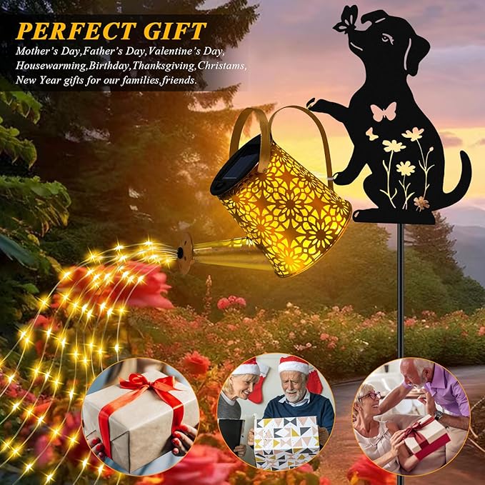 Solar Lights Outdoor Decorative Watering Can with Cascading Lights with Dog Silhouette Garden Stakes Gifts for Mom Women Waterproof Metal Garden Decor for Yard Art Outside(1 Pack)