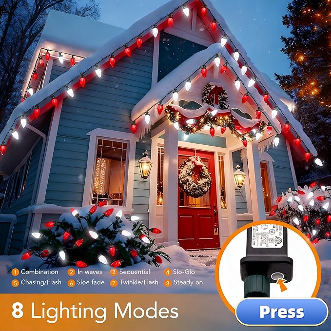 C9 LED Christmas Lights Outdoor33 Feet 50 LED 8 Lighting Modes Waterproof Connectable Christmas String Lights for Outside Roofline Patio Home Xmas Decorations (Red &amp White)