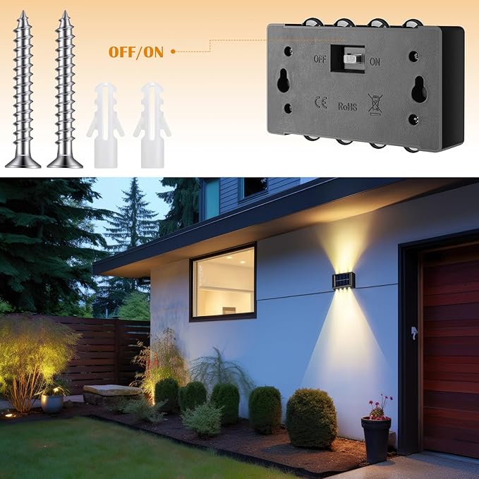 8 Pack Solar Wall Lights for Outside 3000K Warm Solar Fence Lights Up and Down Autumn LED Outdoor Decorative Waterproof Lamps Dusk to Dawn LED Lighting Wall Sconces for Outside Deck Garage