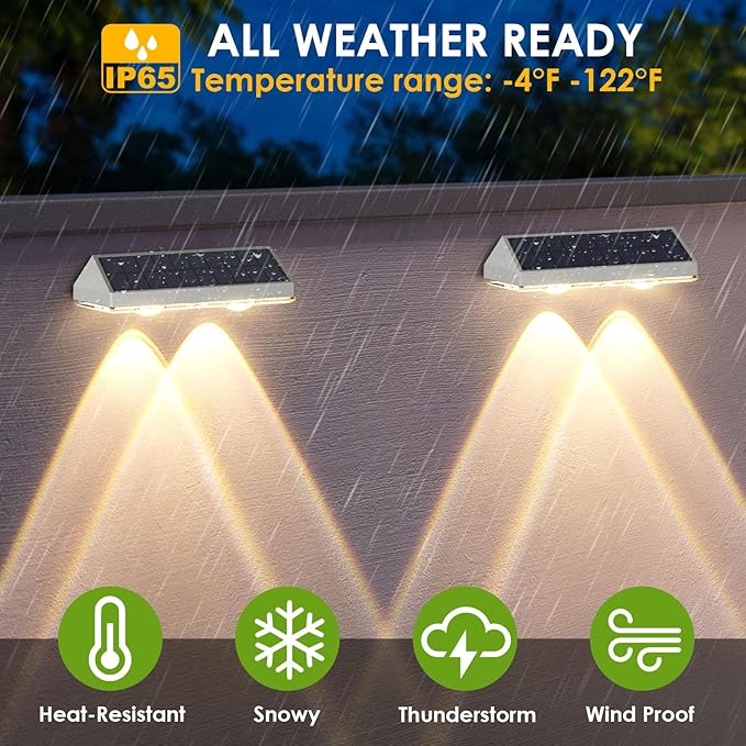 12 Pack Solar Fence Lights Outdoor Waterproof LED - 3000/4000/6000K 3 Mode IP65 Waterproof Fence Lights Solar Powered Solar Wall Lights for Outside Backyard/Step/Patio/Deck Fence/Stair Railings