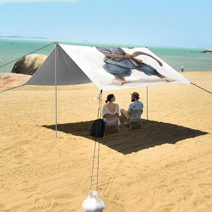 ALAZA Cute Kongfu Monkey Little Sun Wukong Beach Tent Sun Shelter UPF50+ Protection Beach Shade Canopy w/ 4 Sandbags for Outdoor Camping Fishing Backyard Fun Picnic 10x9 ft