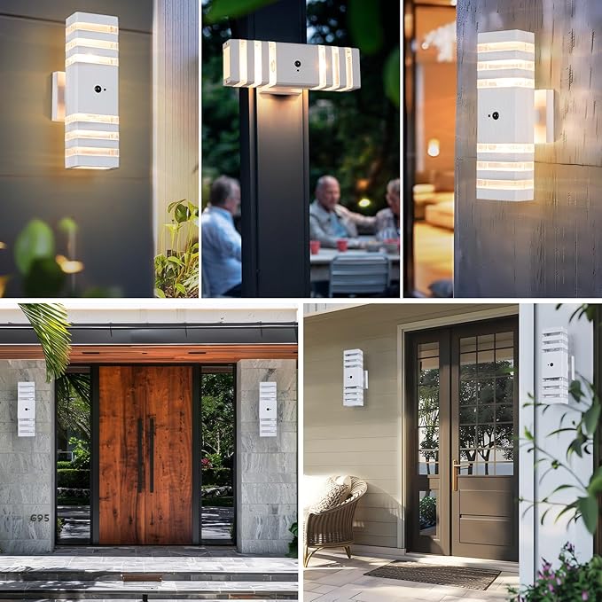 2 Pack Motion Sensor Outdoor Wall Lights with 4 Dimmable Bulbs Modern White Dusk to Dawn Porch Sconces Waterproof Up Down Exterior Lighting Fixtures Outside Coach Lamp for House Garage Front Door