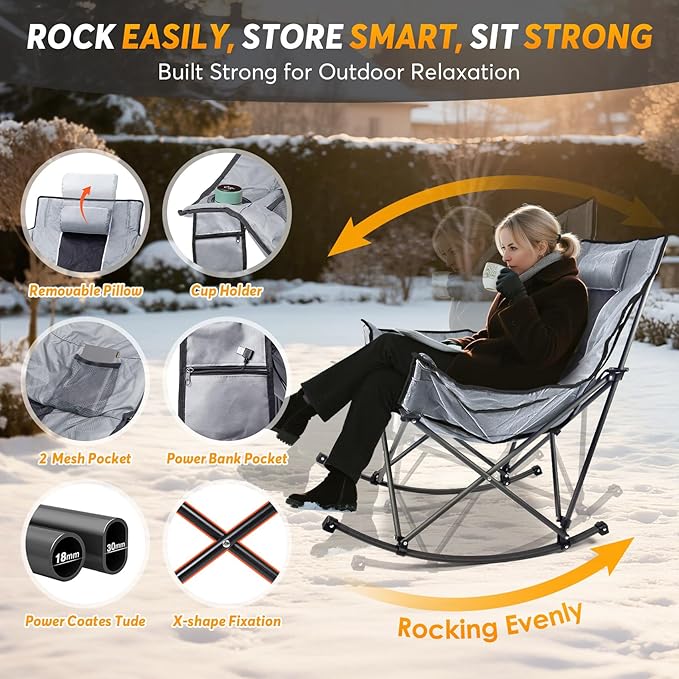 Suteck Heated Rocking Camping Chair XL Oversized Rocking Chair Outdoor with 3 Heat Levels for Back and Seat Heated Chairs Outdoor Sports for Patio Lawn Picnic Travel Battery(Not Included)