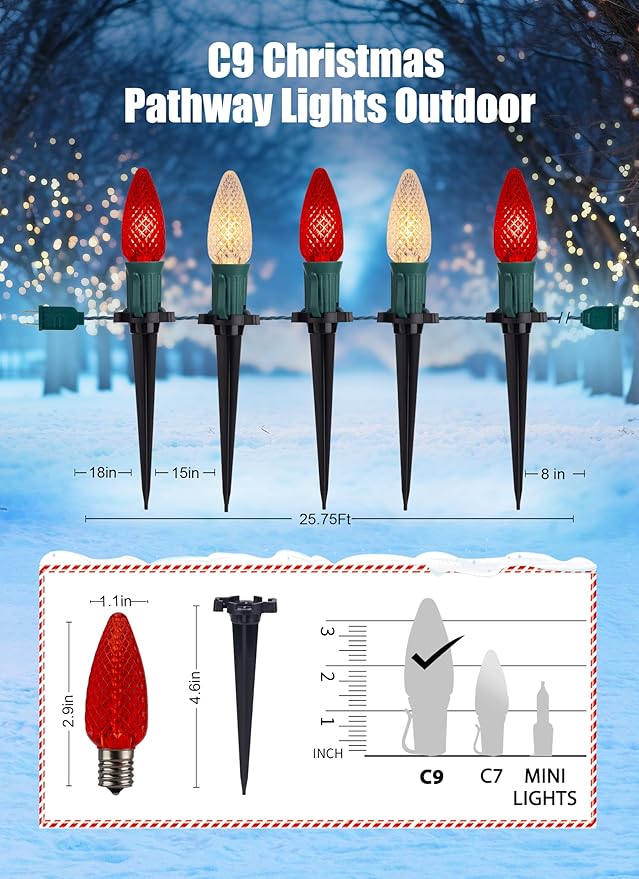 C9 LED Christmas String Lights Outdoor 26 Feet 20 LED Christmas Pathway Lights with 20 Plastic Stakes Connectable Waterproof for Driveways Xmas Holiday Patio Decoration Red and Warm White