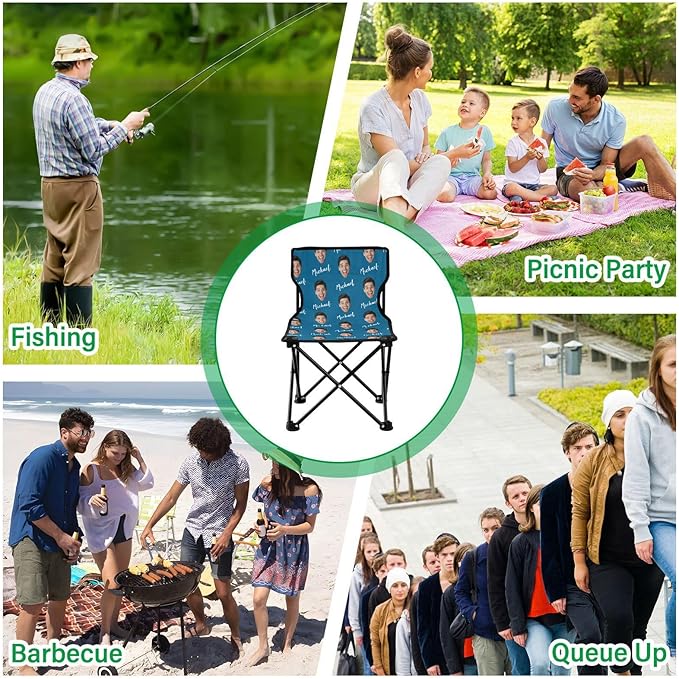 Sinestour Ice Blue Custom Photo Folding Camping Chair for Teen Child Personalized Name 14.6×14.6in Portable Outdoor Chair with Carry Bag for Beach Picnic Travel