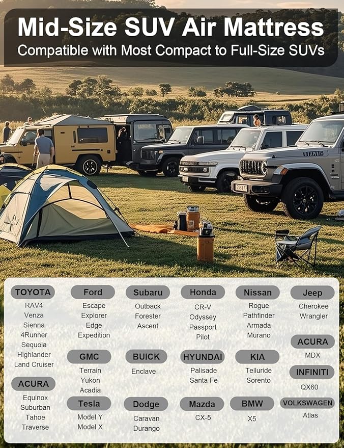 Umbrauto SUV Air Mattress for Trunk: Upgraded Car Camping Mattress with Flocked Surface and Extra Thick Bottom Van Sleeping Bed for Back Seat with Pump Nozzle Repair Patch Carry Bag