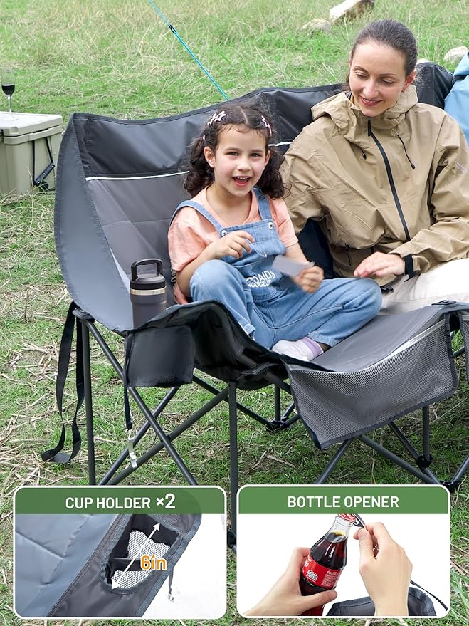 Timber Ridge 3 Person Camping Chair Supports to 1050lbs Portable Camp Couch Padded Camping Chairs Outdoor Oversized Folding Loveseat Perfect for Campsites Patio/Lawn Soccer Games Grey