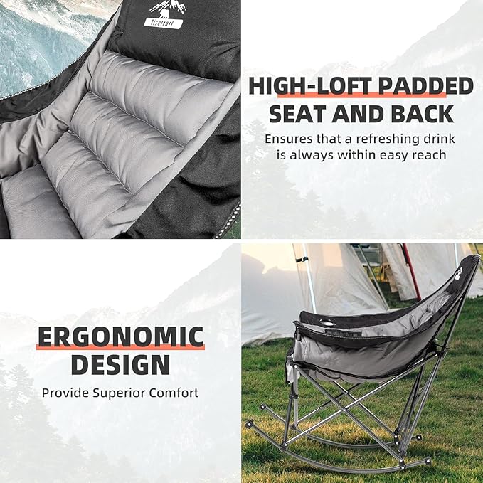 Oversized Rocking Camping Chairs Set of 2 Fully Padded Camp Chairs for Adults with Side Pocket and Cup Holder Heavy-Duty 400lbs Capacity Black &amp Gray