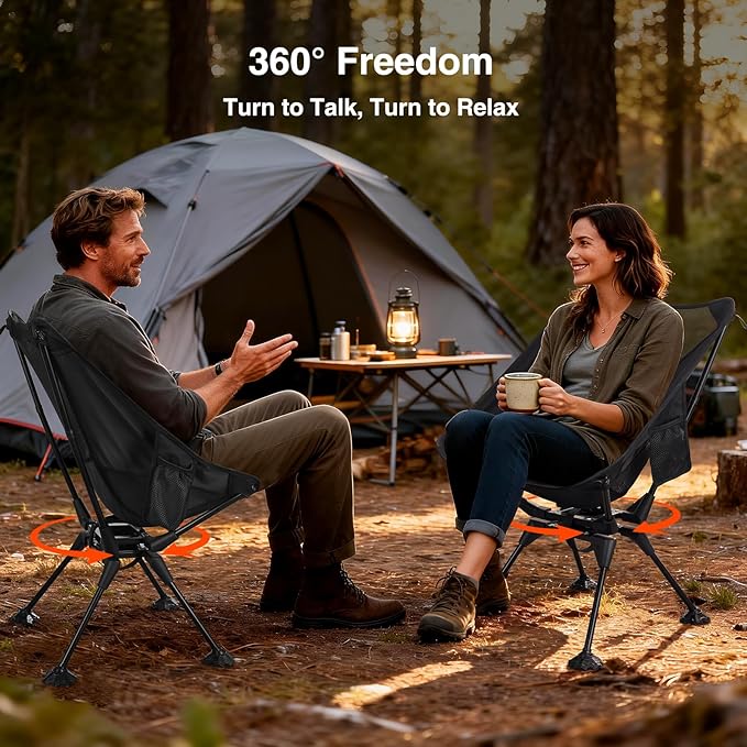 360° Swivel Folding Camping Chairs Compact and Portable Chair for Outdoor Camp Foldable Chairs with Anti-Sinking Large Feet for Travel Beach Picnic Sports Fishing Support 300 LBS(Black)