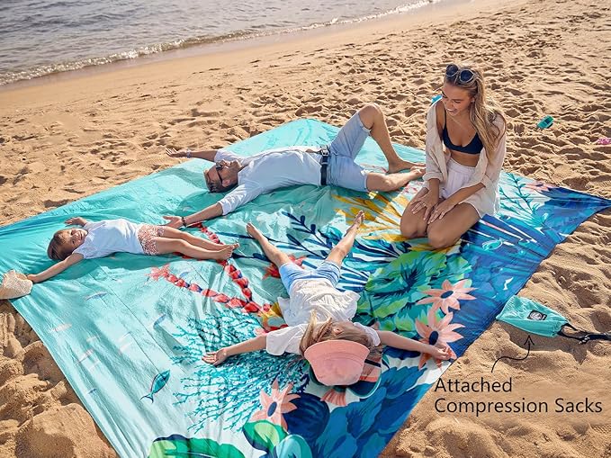 WEKAPO Beach Blanket Waterproof Sandproof Oversized Extra Large Beach Mat Sand Free Lightweight &amp Compact Sand Free Mat with 6 Stakes &amp 4 Corner Pockets