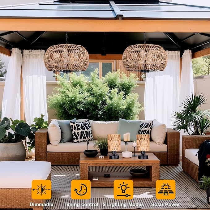 Outdoor Solar Chandelier 4-Light 19 Rattan Outdoor Chandelier Hanging Pendant Lights Waterproof for Gazebo Pergola Porch Patio