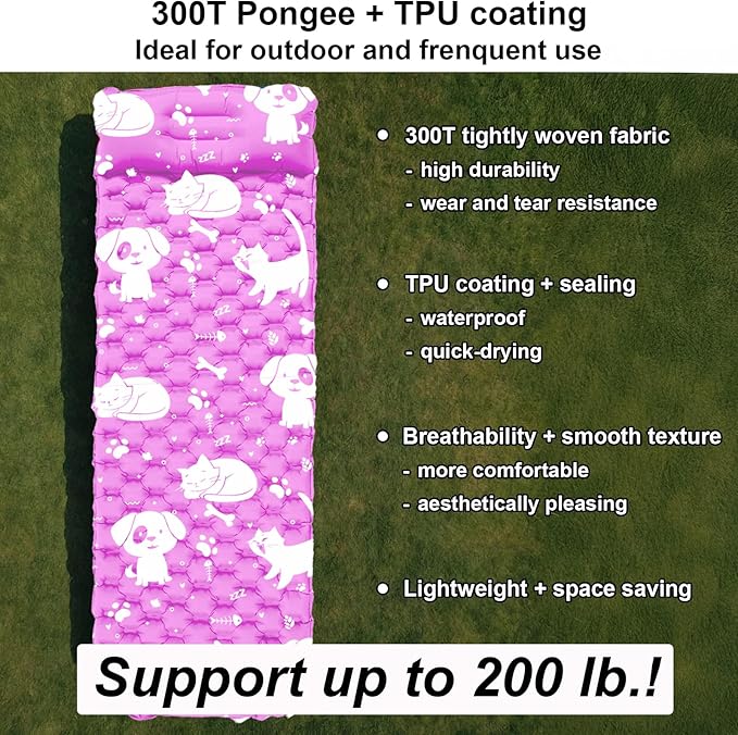 Inflatable Sleeping pad for Kids Toddler and Youth | Air Mattress w Built-in Pump 5’5” Ultralight Sleeping Mat with Pillow for Camping Sleepovers &amp Travel | Airpad Kids Cot Camping Mattress -