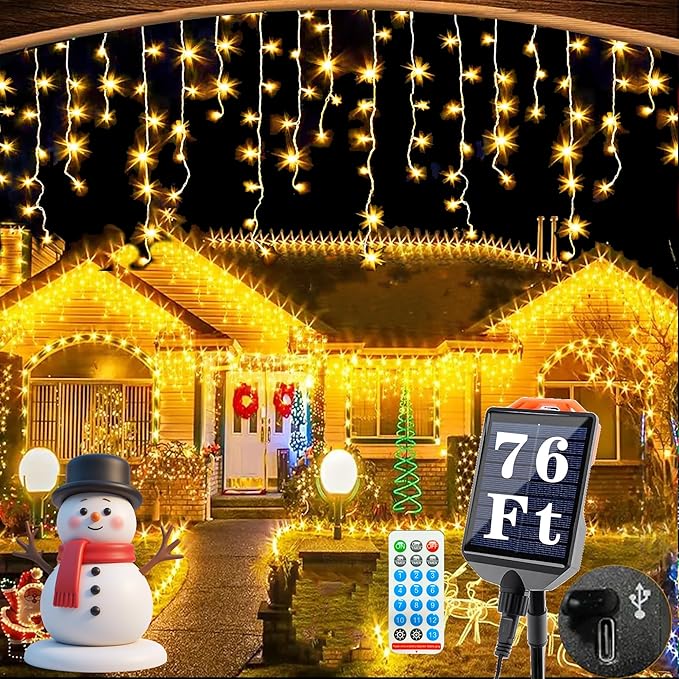 Upgraded 640LED Solar Christmas Icicle Lights Outdoor Waterproof60+16FT 13 Modes &amp USB Rechargeable Solar Powered Icicle Light for Roof House Yard Christmas Outdoor Decoration (Warm White)