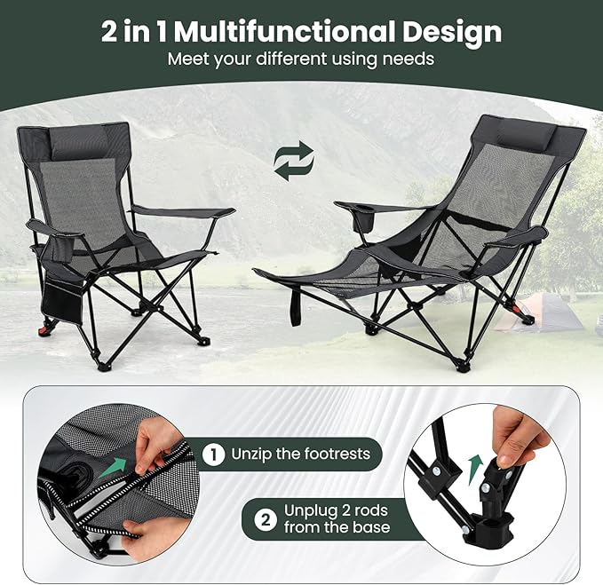 Tangkula Reclining Camping Chair 2 in 1 Porable Folding Lawn Chair with Removable Footrest 4-Position Adjustable Backrest Cup Holder &amp Side Pocket Carry Bag (1Gray)