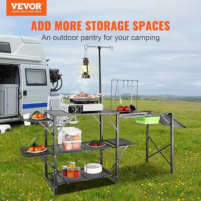 VEVOR Camping Kitchen Table with Sink Aluminum Folding Portable Outdoor Cook Station 2 Shelves &amp Carrying Bag for Picnic BBQ Beach Traveling
