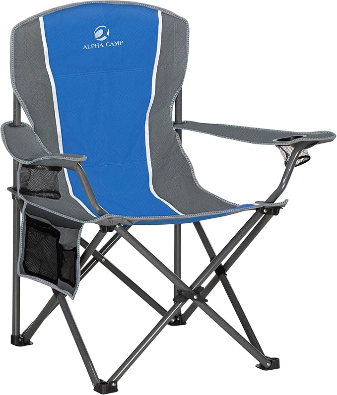ALPHA CAMP Oversized Camping Folding Chair - Heavy Duty Steel Frame Support 350 LBS Collapsible Padded Arm With Cup Holder Quad Lumbar Back Portable for Outdoor/Indoor
