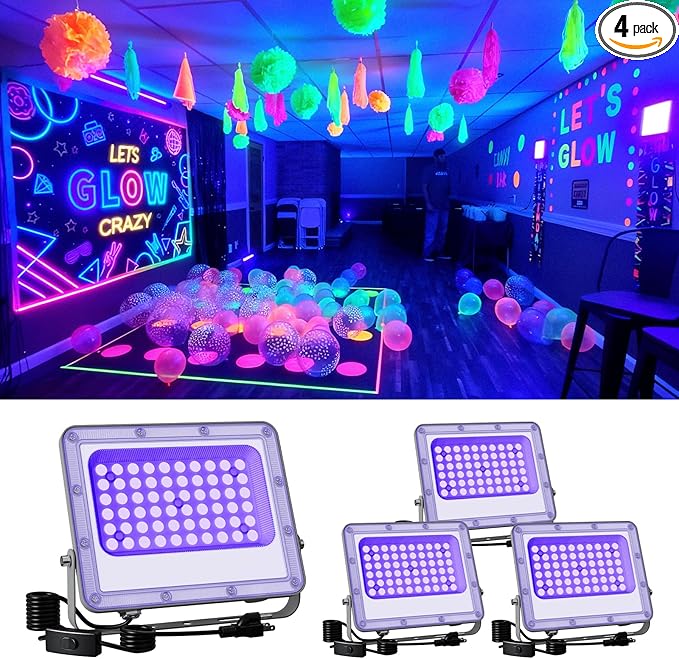 4 Pack 50W Blacklight Flood Lights Wired 120V IP66 Waterproof UV Led Black Lights for Fluorescent Decor 3D Resin Prints Uranium Glass Ultraviolet Poster Purple Ambiance Lighting for Glow Party