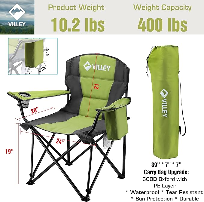 VILLEY Camping Chair Oversized Folding Camp Chair Portable Outdoor Chairs Support 400 LBS with Padded Seats Cooler Bag Cup Holder Carry Bag Green