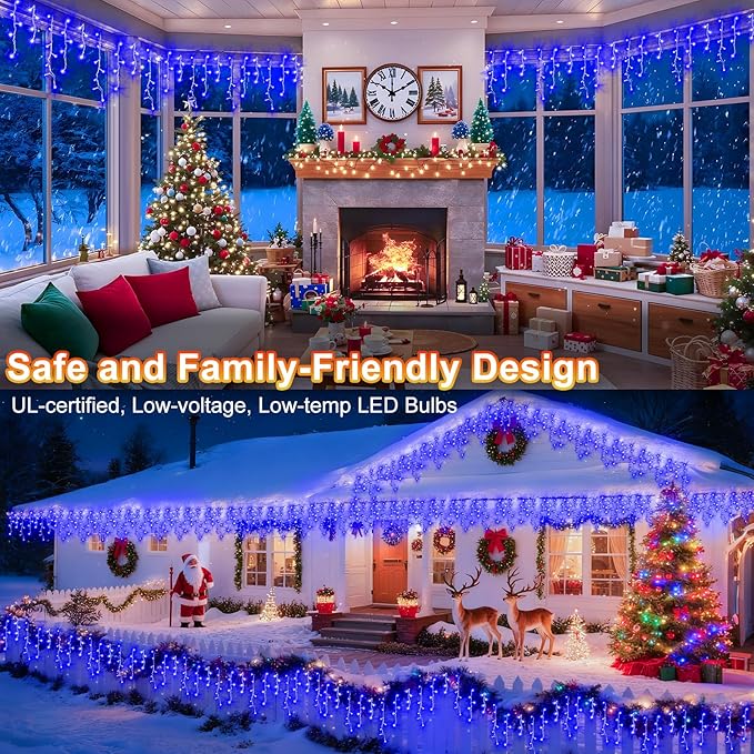 KNONEW Christmas Lights Outdoor Decorations 400 LED 33ft 8 Modes Curtain String Light with 75 Drops Clear Wire LED Fairy Light Indoor Decor for Wedding Party Christmas Decorations(Blue)