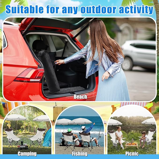 Karenhi 2 Set Beach Camping Chair with Umbrella for Adult Folding Reclining Camping Chair with Foot Rest Adjustable Clamp Canopy Shade for Outdoor Patio Travel Beach (Beige)