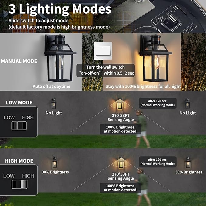 Yisuro Motion Sensor Outdoor Wall Lights Porch Light Outdoor 3 Lighting Modes Dusk to Dawn Exterior Light Fixture Waterproof Outside Lights for House Front Door Patio Garage 2 Pack (Black)