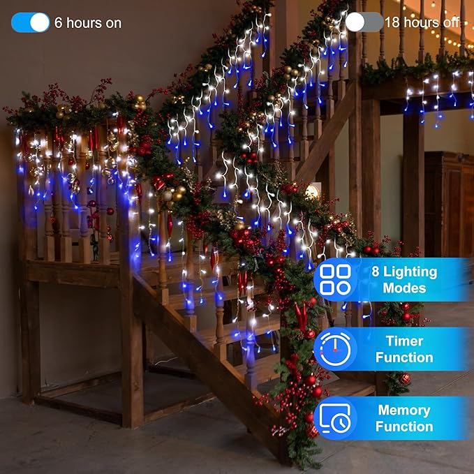 504LED 50ft Christmas Lights 112Drops 12 Modes Christmas String Lights Outdoor Dimmable Waterproof Christmas Decorations Fairy Lights with Timer Memory for Party Patio Window Fence Blue &amp CoolWh
