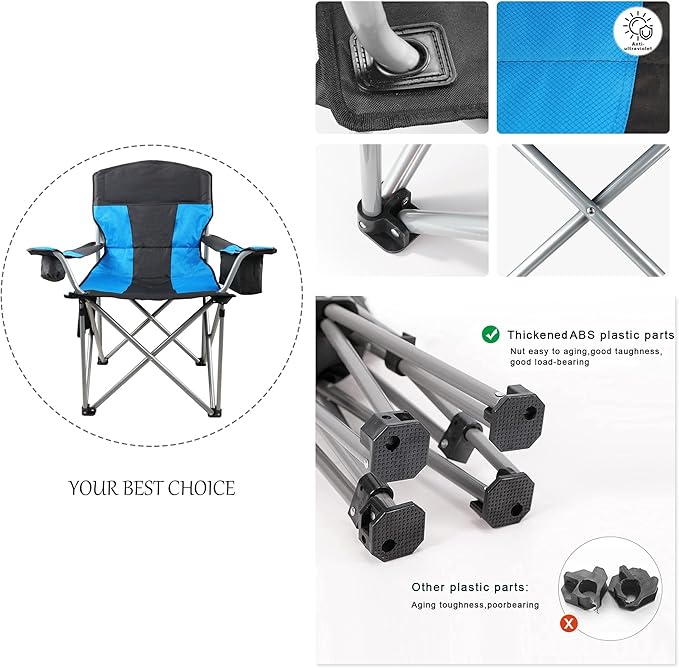 Oversized Camping Chairs for Adults Heavy Duty 500lbs Heavy Duty Beach Chairs for Adults Folding Chair with Cooler Bag &amp Cup Holder Side Pocket Blue &amp Black