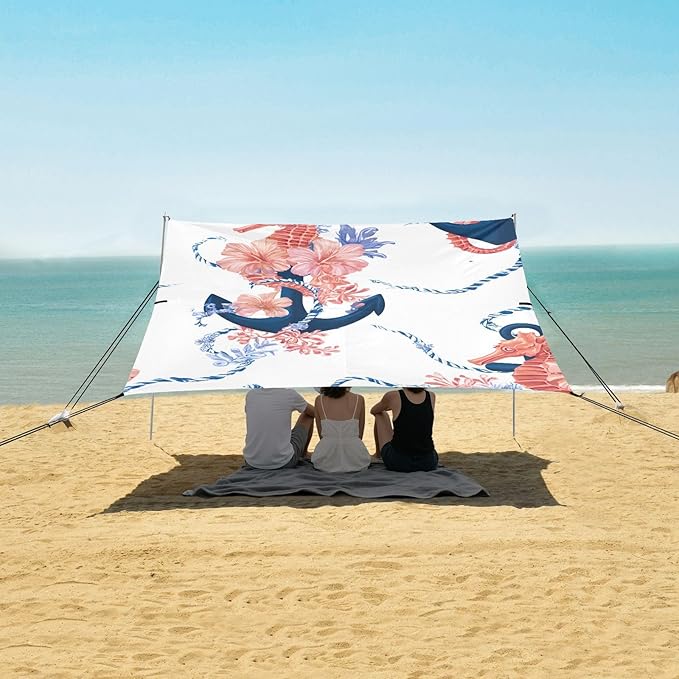 Bolaz Beach Canopy Tent Sun Shade9'×10.5' Large Family Beach Shade UPF50+- Outdoor Shade for Camping Trips FishingSeahorse Boat Anchor Pattern