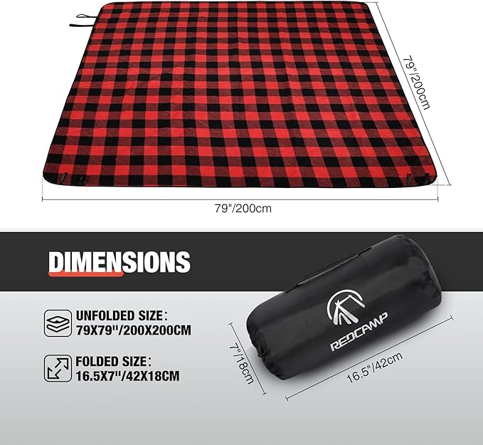 REDCAMP Extra Large Waterproof Stadium Blanket for Cold Weather Soft Warm Fleece Camping Blanket Windproof for Camping Hiking Traveling Picnic Sports 79x 79 Red and Black Grid