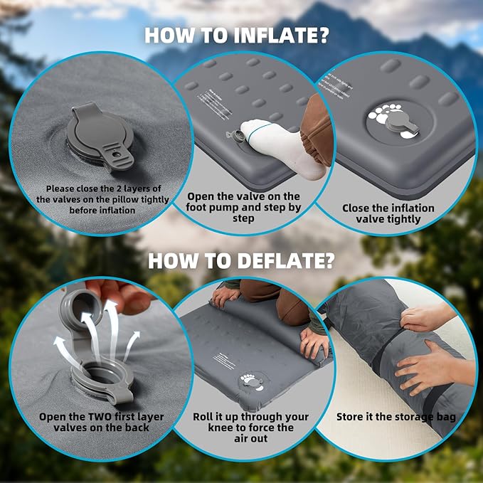 KASIMO Memory Sleeping Pad for Camping 3 Compact Ultra-Thick Foam Sleeping Mats with Pillow 9.5 R-Value Insulated Camping Mattress Pad or Car Travel Backpacking TentHome