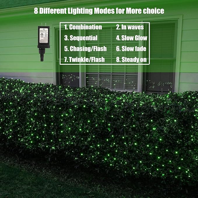 120Led Christmas Net Lights Outdoor 5ft x 6ft Connectable 8 Modes Waterproof Black Wire 29V Plug in Mesh Net Christmas Lights for Garden Yard Bushes Trunk Xmas Tree Decor (Green)