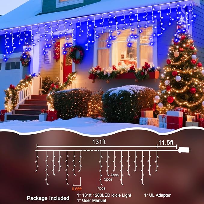 131 Ft String Lights for Outside 1280 LED Christmas Lights Outdoor Plug in Christmas String Lights with 8 Modes &amp Timer for Holiday Party Wedding House Patio Outdoor Decor(Blue)