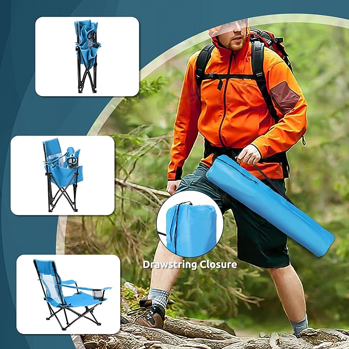 HaSteeL Folding Beach Chair Set of 3 Foldable Blue Camping Chairs &amp Grey Table for Outside Low Beach Chair Portable for Adults Fishing Picnic Outdoor BBQ Travel Sports Cup Holder &amp Stor
