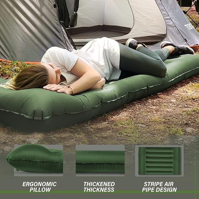 TOBTOS Inflatable Camping Sleeping Pad with Pillow Thick 6 Inch Ultralight Sleeping Pad with Built-in Pump Lightweight Sleeping Mat for Camping Backpacking Hiking Tent (Green)