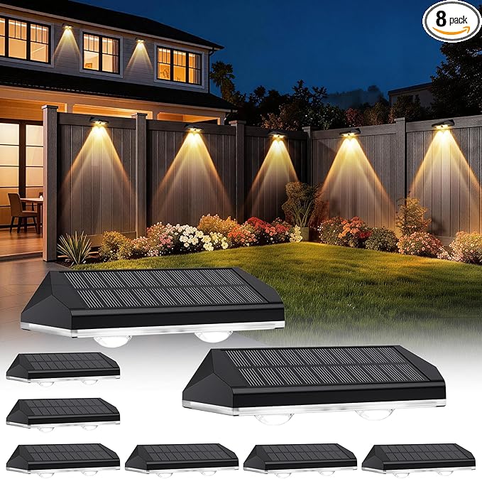 Solar Fence Lights Outdoor 3 Modes Warm/Neutral/Cool White Fence Lights Solar Powered for Outside IP65 Waterproof 60 Lumens Solar Light for Step Pathway Garden Deck Stairs - 8 Pack