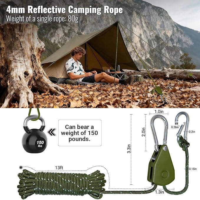 Camping Rope Reflective Tent Rope Guyline with Ratchet Pulley Tarp Tie Down Ropes for Tent Tarp Canopy Shelter Camping 13ft Adjustable Guy Line for Canopy Tent 4 Pack Guy Lines Tents Cords